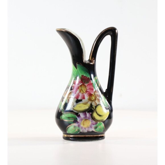 Small Black Vase With Florial Pattern 24K Gold Trim 1950s - Picture 1 of 10